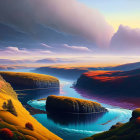 Colorful digital artwork: surreal landscape, winding river, terraced cliffs, dramatic sky