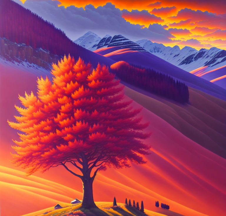 Colorful digital artwork: Red tree on purple hills, snowy mountains, sunset sky.