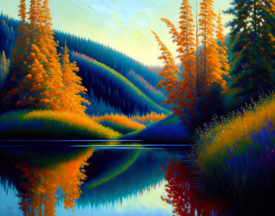 Autumn landscape painting with serene lake and vibrant trees