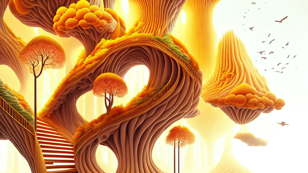 Vibrant orange-yellow fantasy landscape with tree-like structures and soaring birds