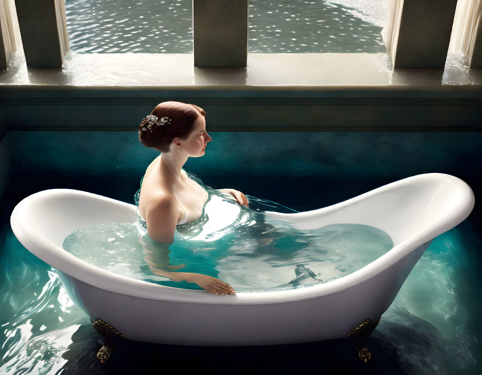 Tranquil woman in luxurious clawfoot bathtub with natural light