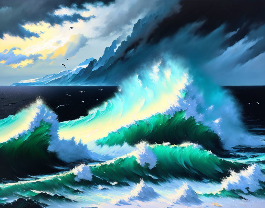 Stormy Ocean Waves Painting with Birds and Icy Mountains