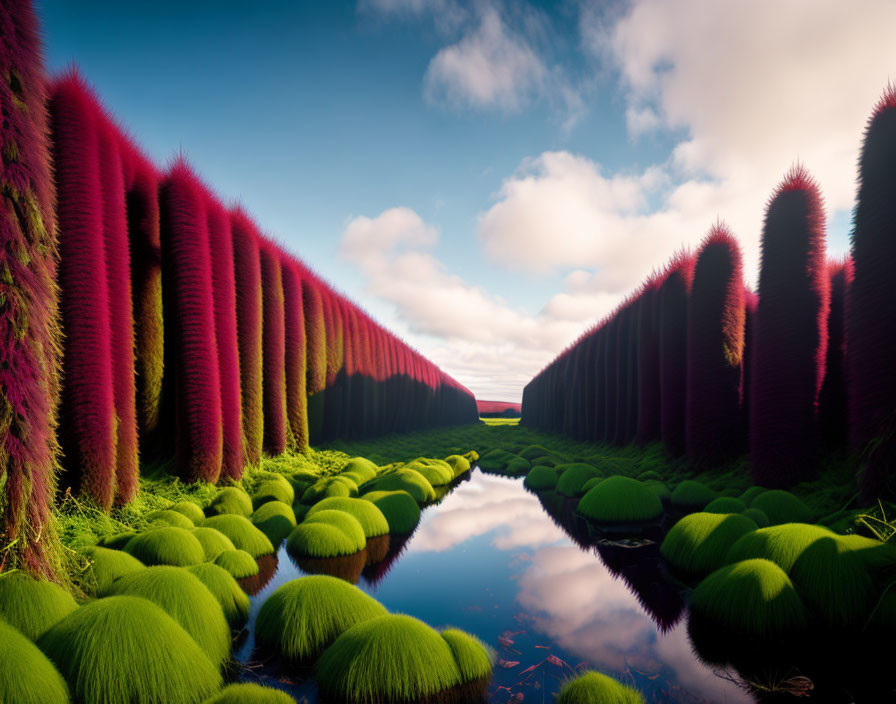 Surreal landscape with red furry plants, serene waterway, and green mounds