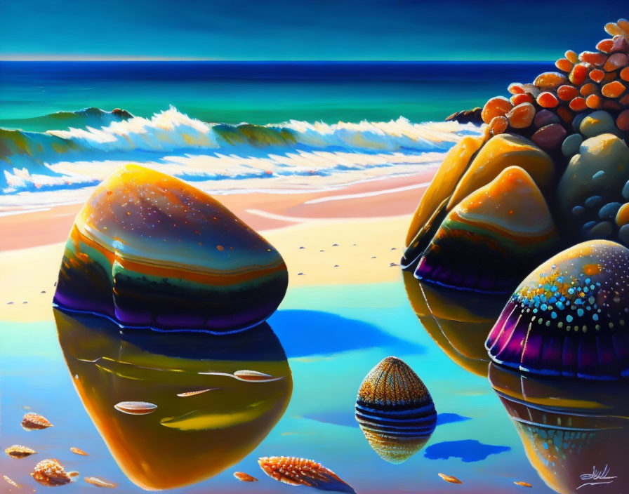 Colorful Beach Scene Painting with Rocks, Shells, and Blue Sky