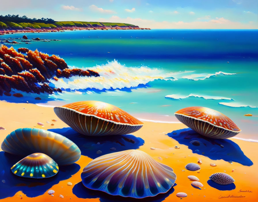 Colorful Oversized Seashells on Vibrant Beach Scene
