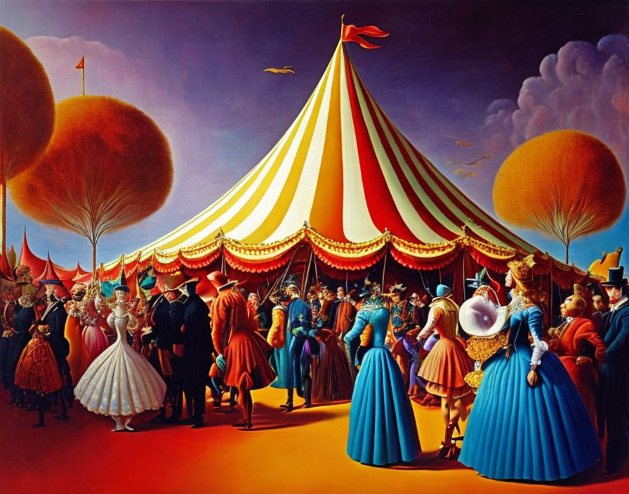Colorful Circus Scene with Elegantly Dressed Figures and Striped Tent