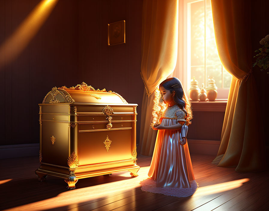 Young girl in flowing dress beside ornate golden chest in warm sunlight