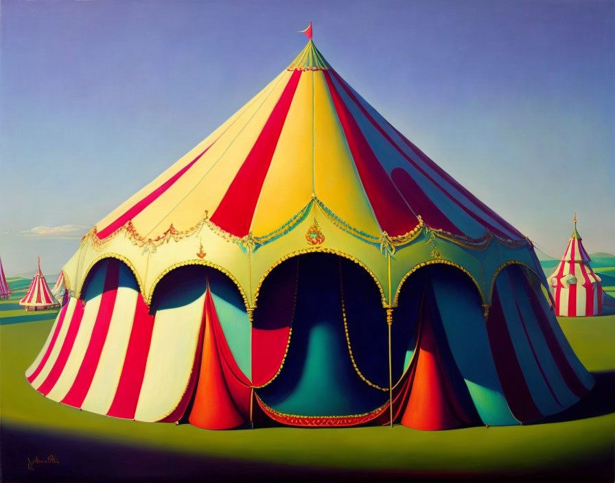 Vibrant circus tent with red, yellow, and blue stripes in colorful landscape