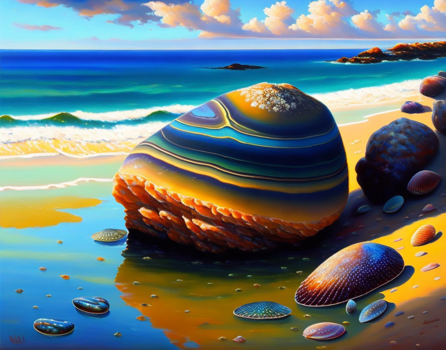 Colorful Surreal Beach Painting with Oversized Pebbles and Shells