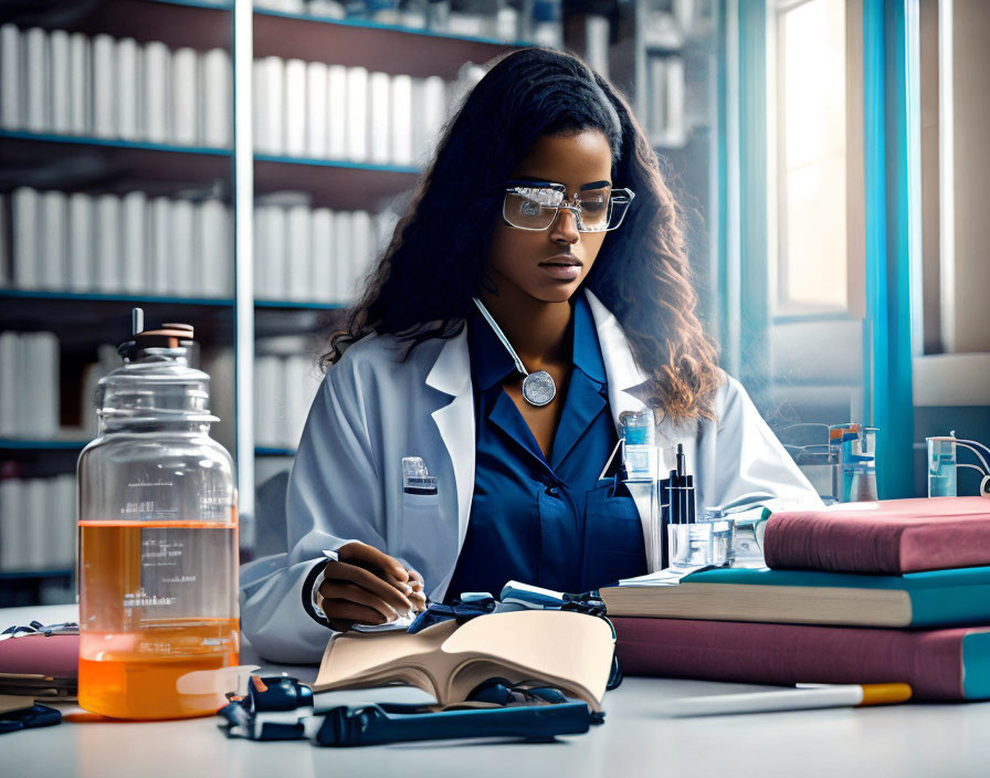 Professional woman in lab coat writing notes in laboratory setting