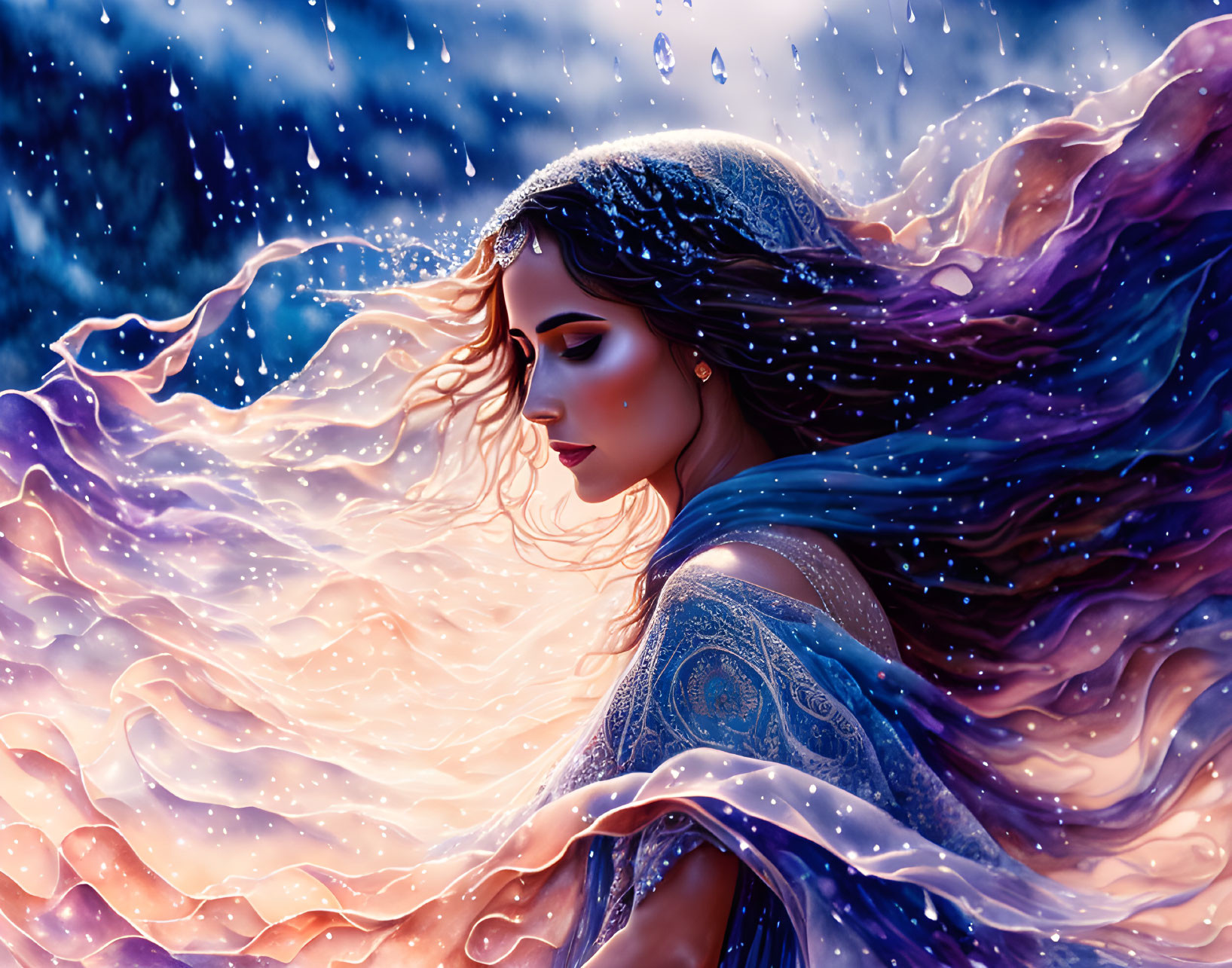 Woman with flowing hair in vibrant dress against surreal snowy backdrop