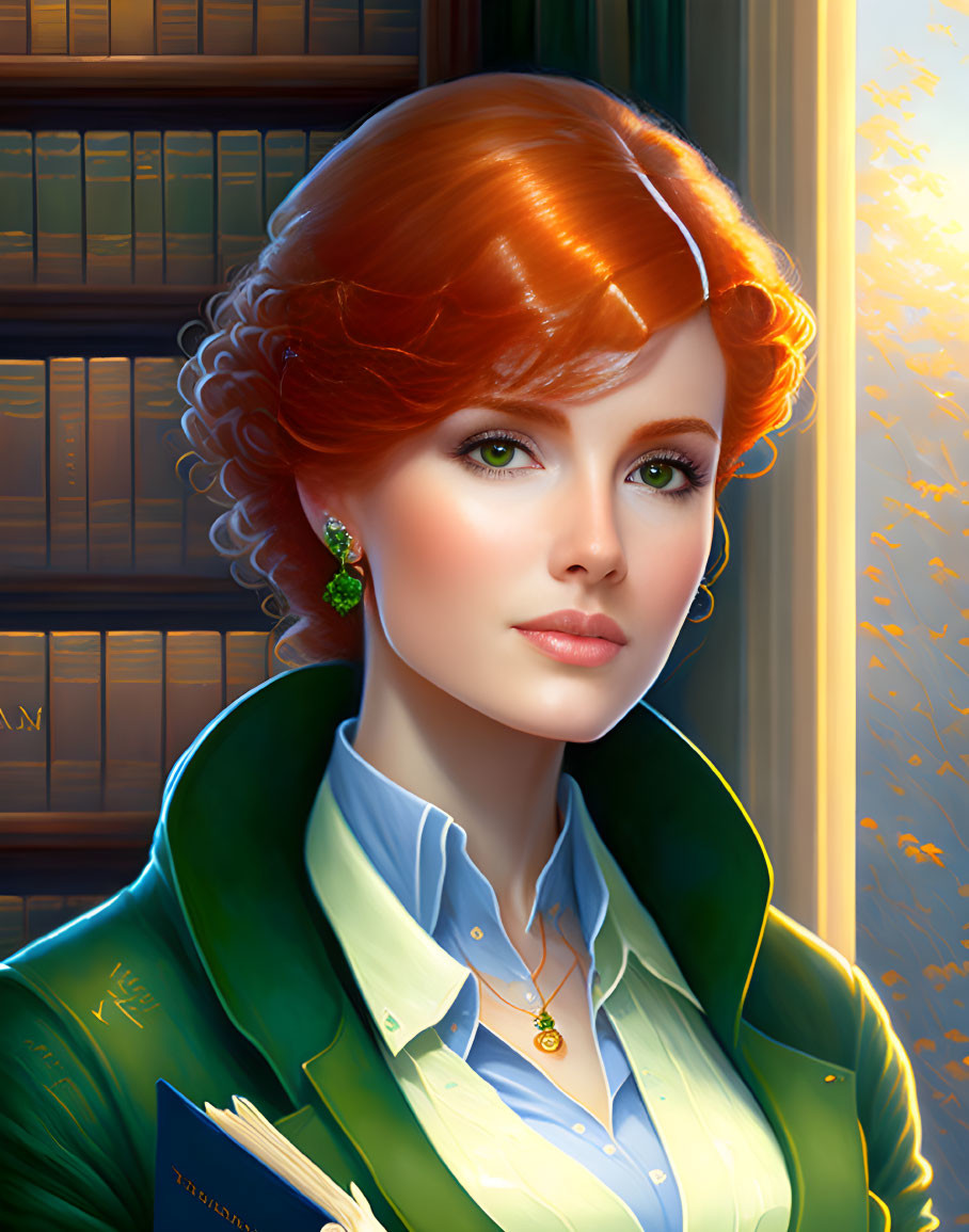 Illustration of woman with red hair in blue blazer holding a book near bookshelf