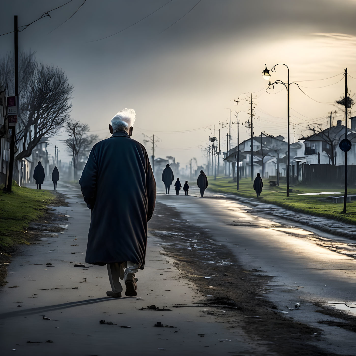 Elderly person with white hair walking on misty, lamp-lit street