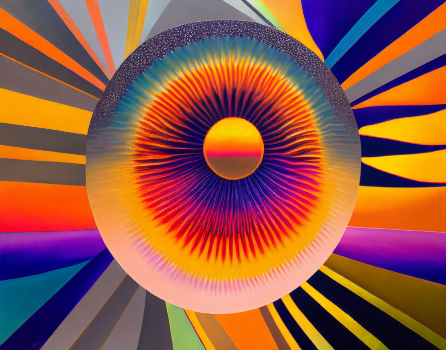 Vibrant circular pattern with radial lines in orange, yellow, blue, and purple hues