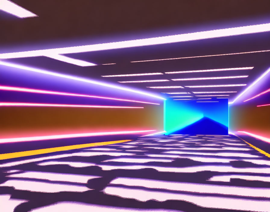 Colorful 3D digital rendering of corridor with neon lights and patterned floor