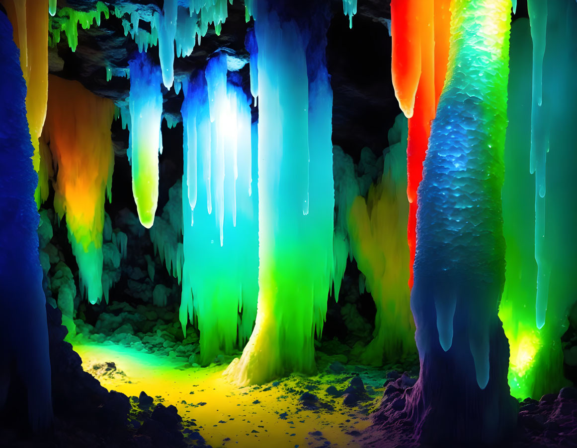 Vibrant illuminated stalactites in a colorful cave scene