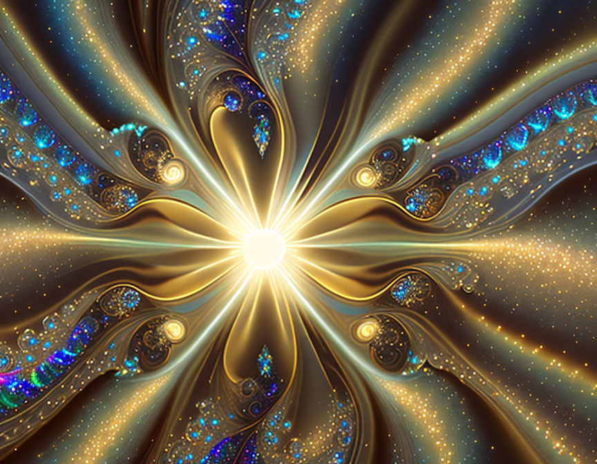 Symmetrical fractal design in golden tones with blue jewels and central bright light