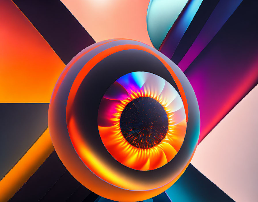 Vibrant abstract digital art with central spherical eye and geometric patterns