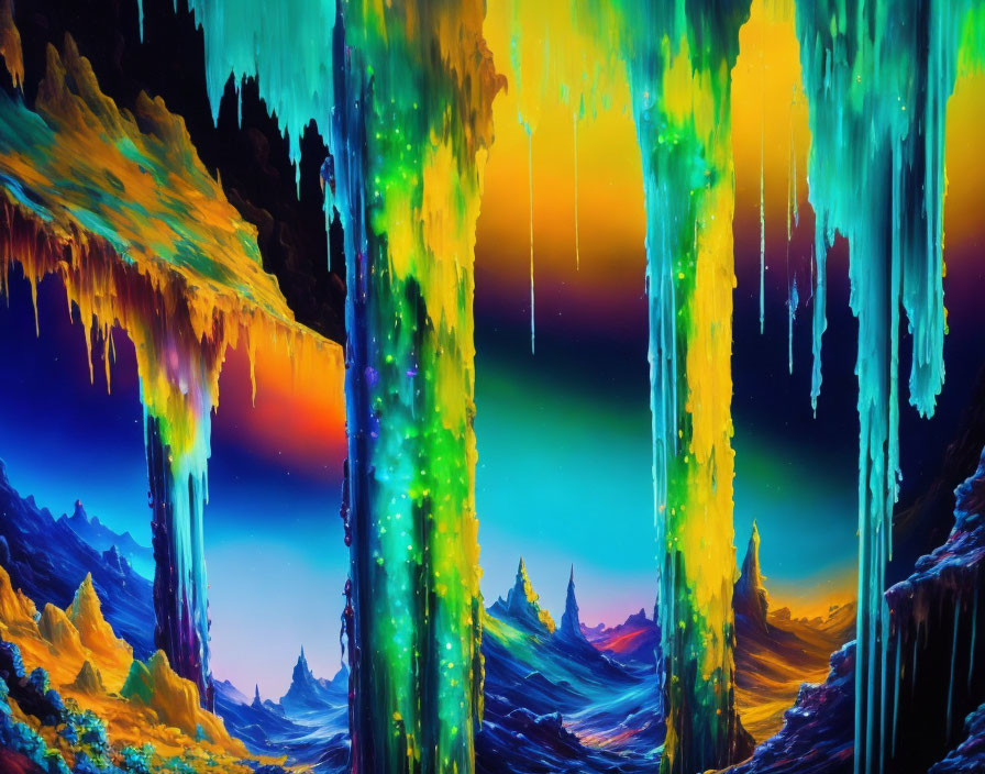 Fantasy landscape with colorful stalactites, mountains, and nebula sky