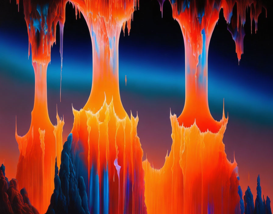 Fantastical landscape with red lava-like stalactites