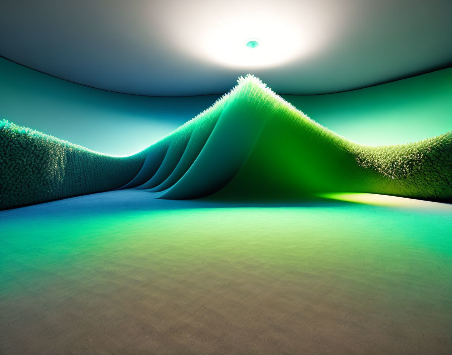 Abstract interior with undulating green waves and ambient lighting.