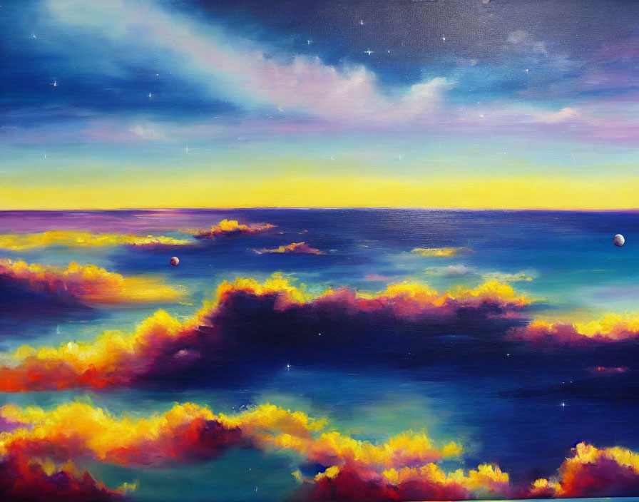 Colorful sunset painting: orange and yellow clouds, blue ocean, twinkling stars