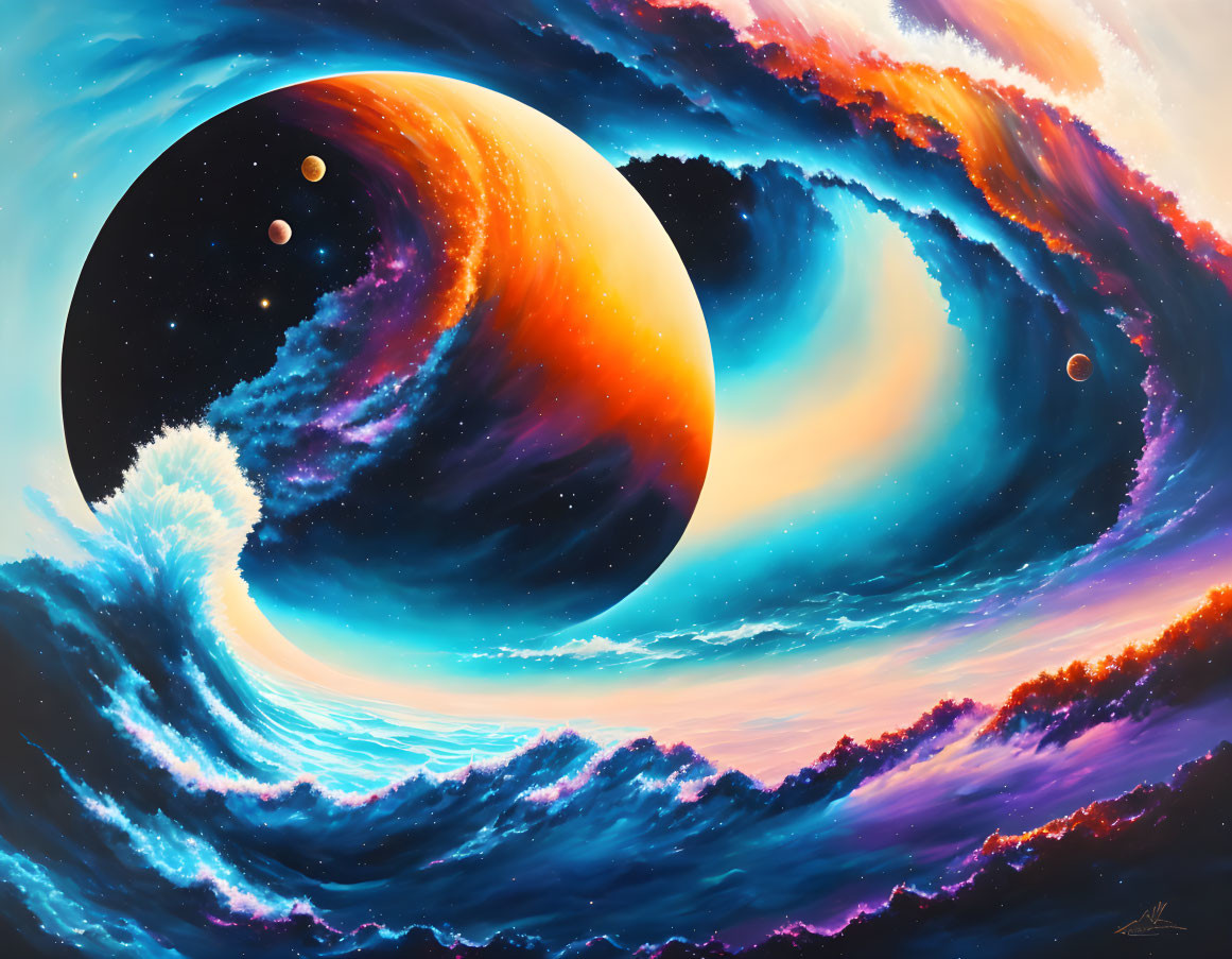 Colorful cosmic painting with giant planet, moons, nebulas, and stars.