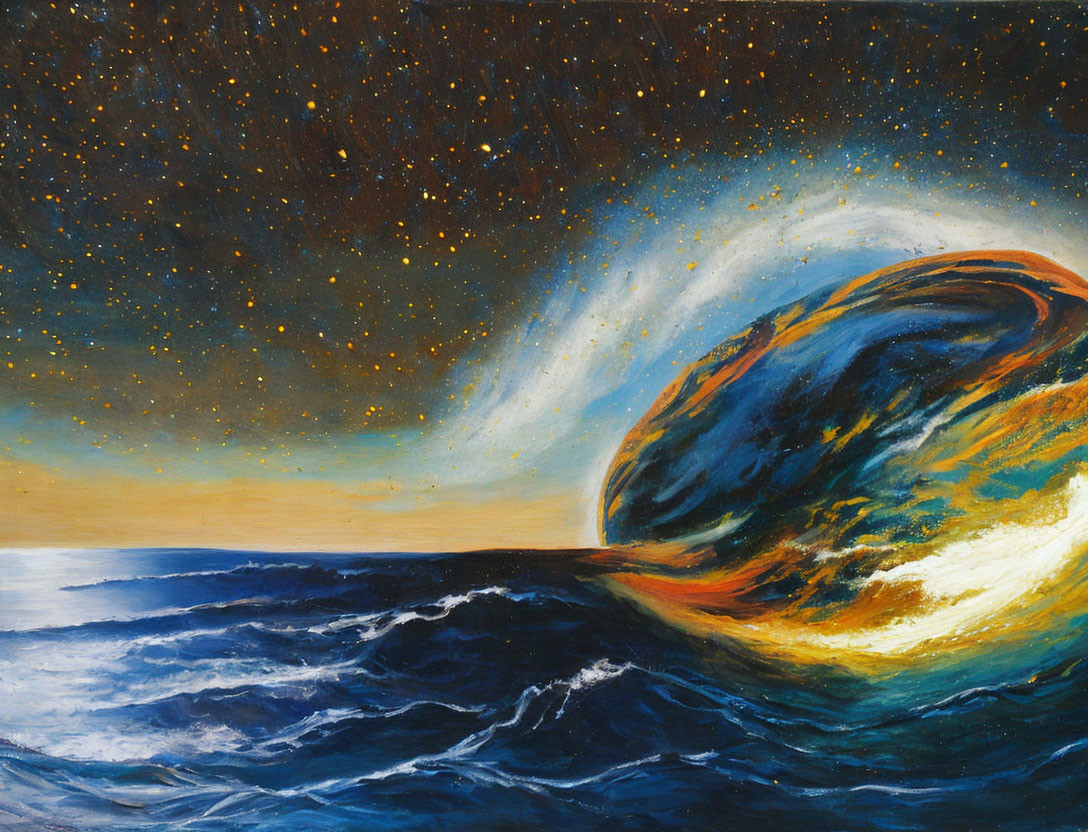 Ocean painting with dynamic waves and swirling planet under starry sky