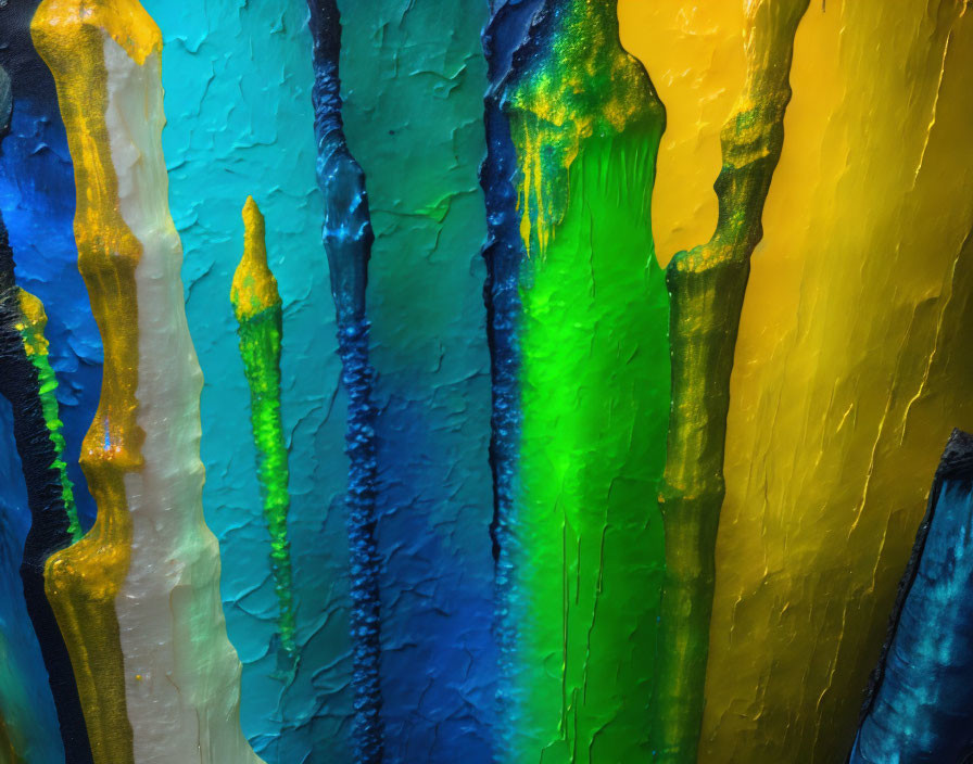 Colorful Vertical Paint Drips on Canvas with Blue, Green, and Yellow Hues
