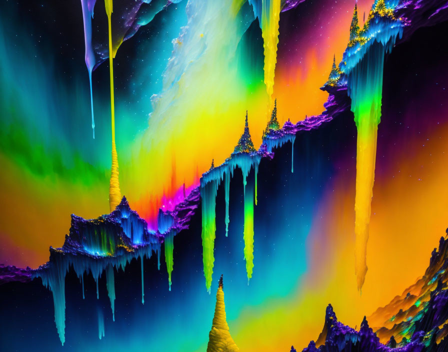 Fantastical neon-colored stalactite formations in a vibrant digital artwork
