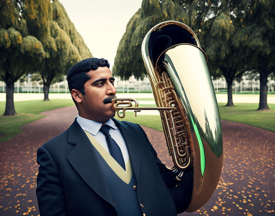 Man in suit plays tuba in park with trimmed trees and fallen leaves