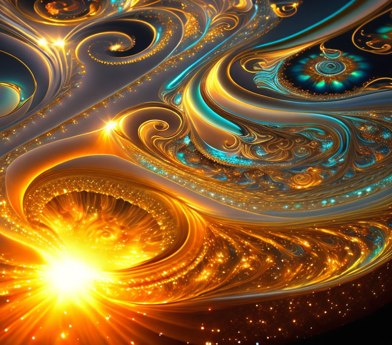 Vibrant digital art with golden swirling patterns and cosmic energy