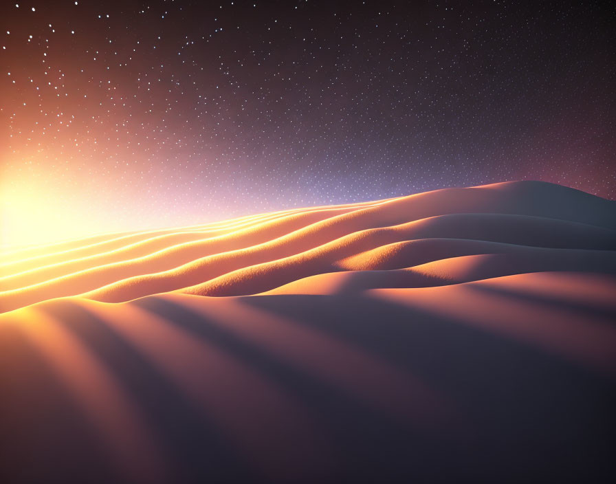 Starry sky over desert dunes at sunrise