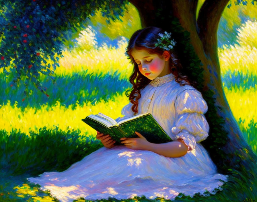 Young girl with flowers reading in lush garden under dappled sunlight