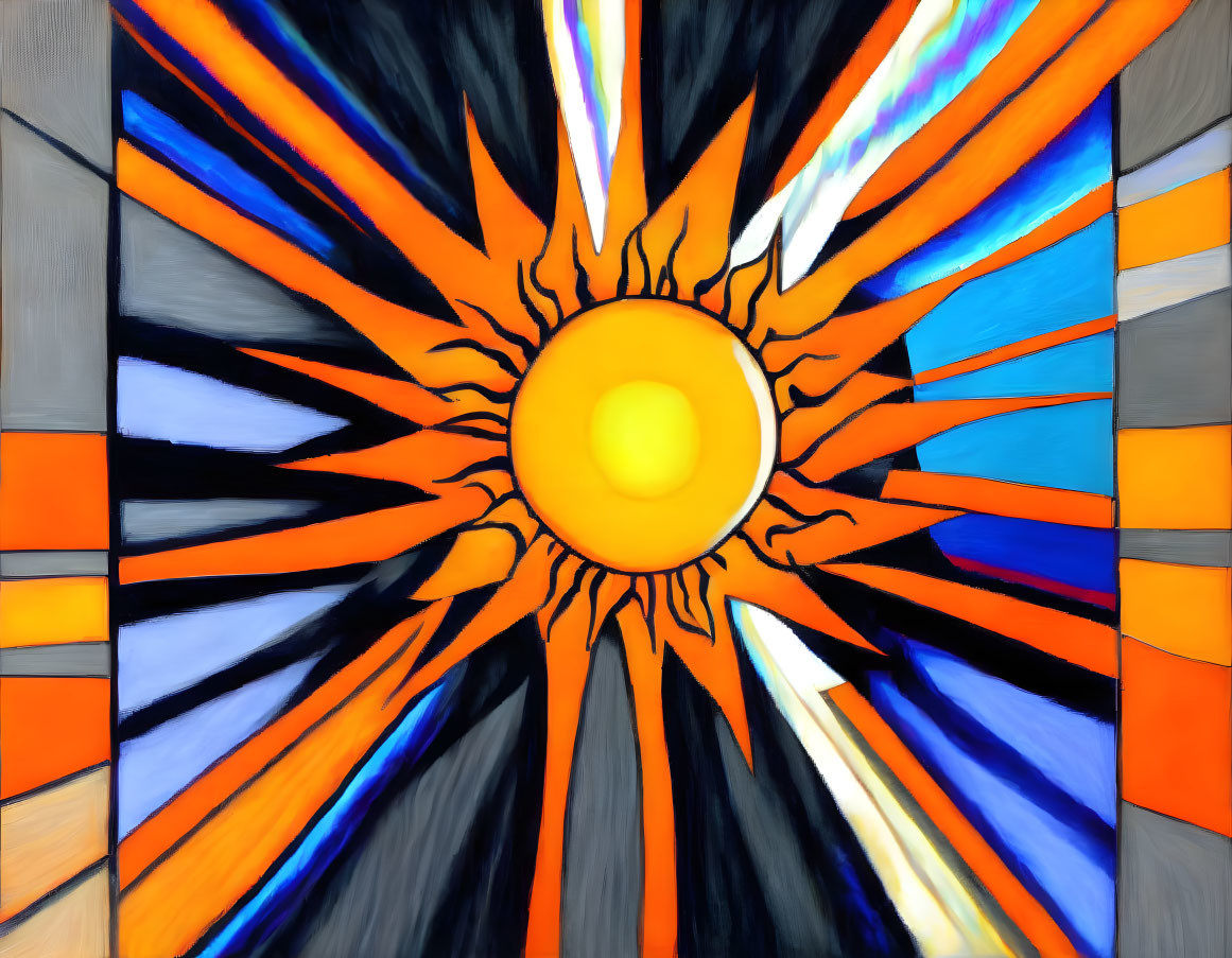 Radiant sun with orange and yellow rays on geometric background