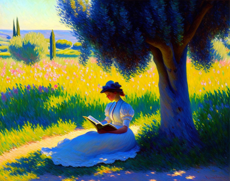Woman reading under tree in vibrant meadow with sunlight and shadows