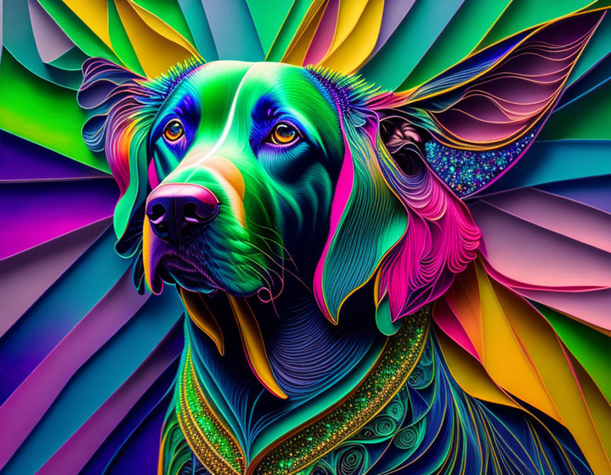 Multicolored digital artwork: Vibrant dog with swirling abstract background