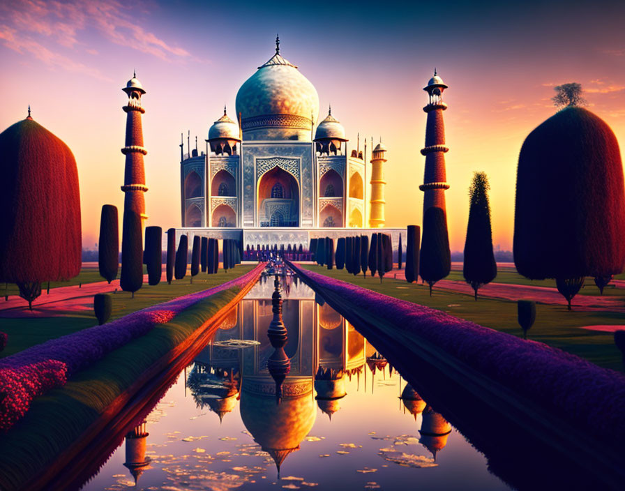 Sunrise Sky Over Taj Mahal Reflecting in Water with Symmetrical Trees