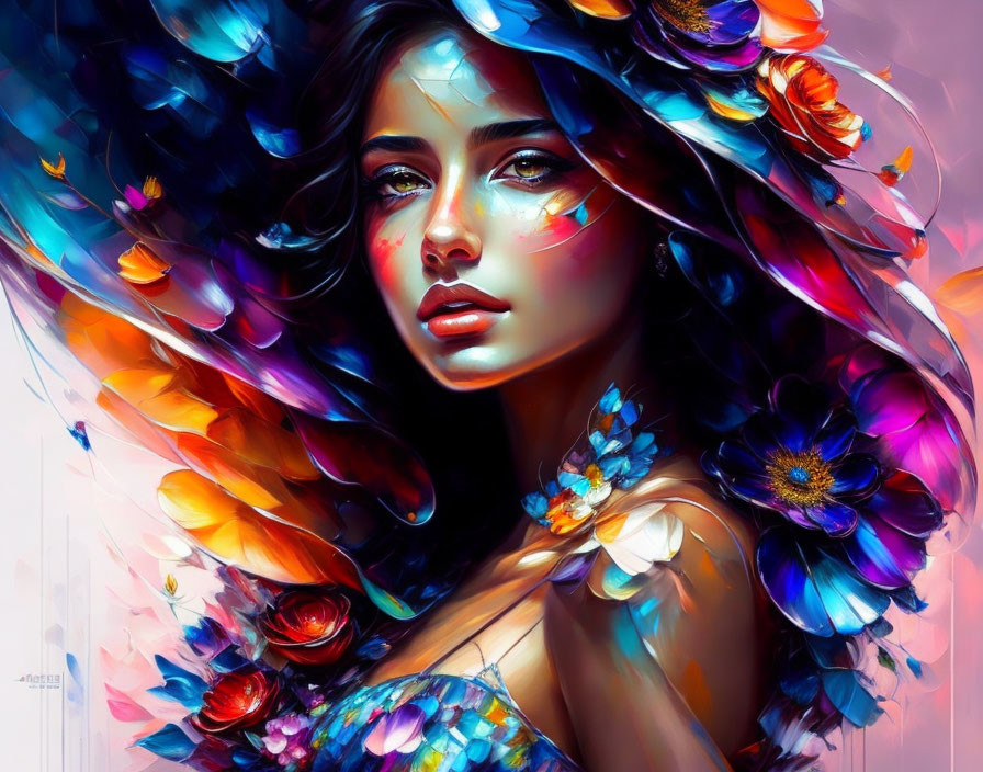 Colorful digital artwork: Woman with floral elements and flowing hair