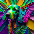 Multicolored digital artwork: Vibrant dog with swirling abstract background