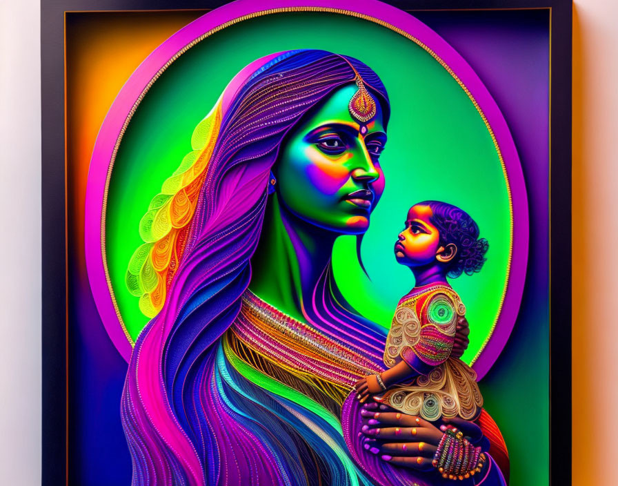 Colorful digital artwork of woman and child with neon palette and Indian motifs