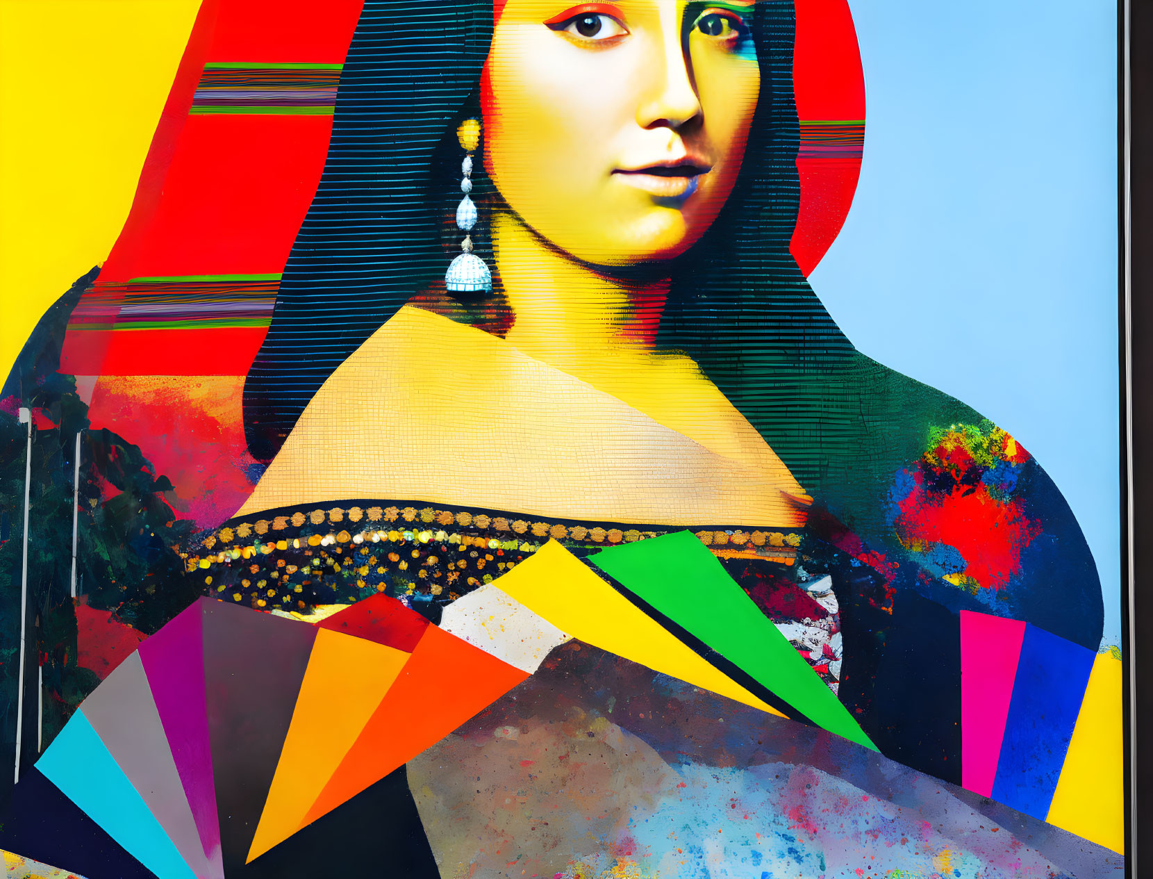 Colorful Geometric Interpretation of Mona Lisa with Vibrant Paint Splashes