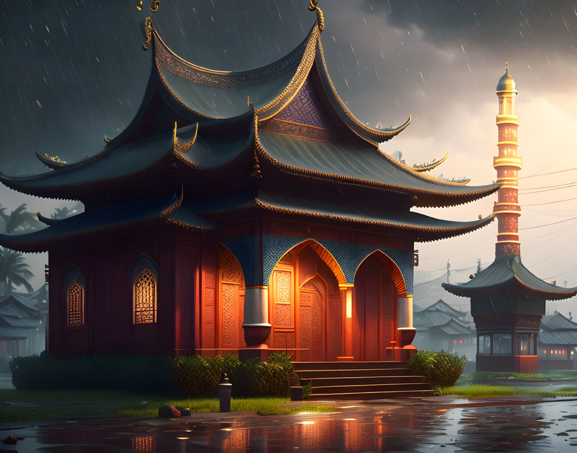 Asian Mosque in the Rain