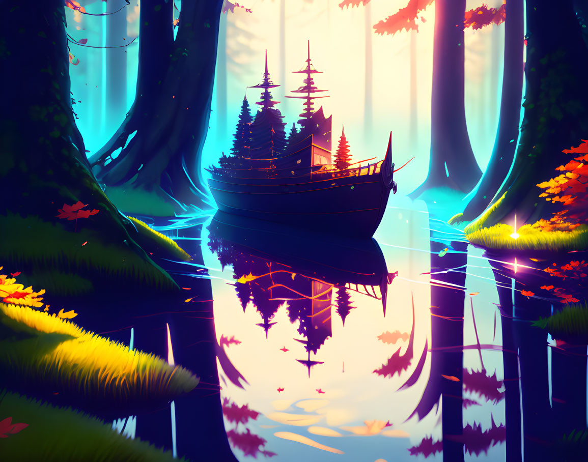 A little ship in the wood of colors