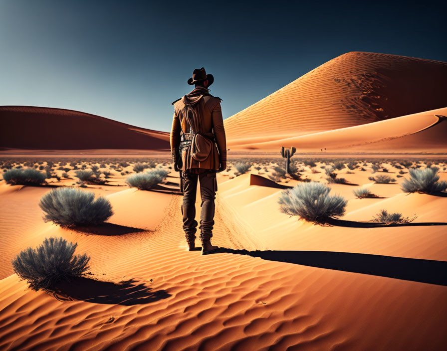 Explorer in hat and coat walking towards sand dunes in desert landscape
