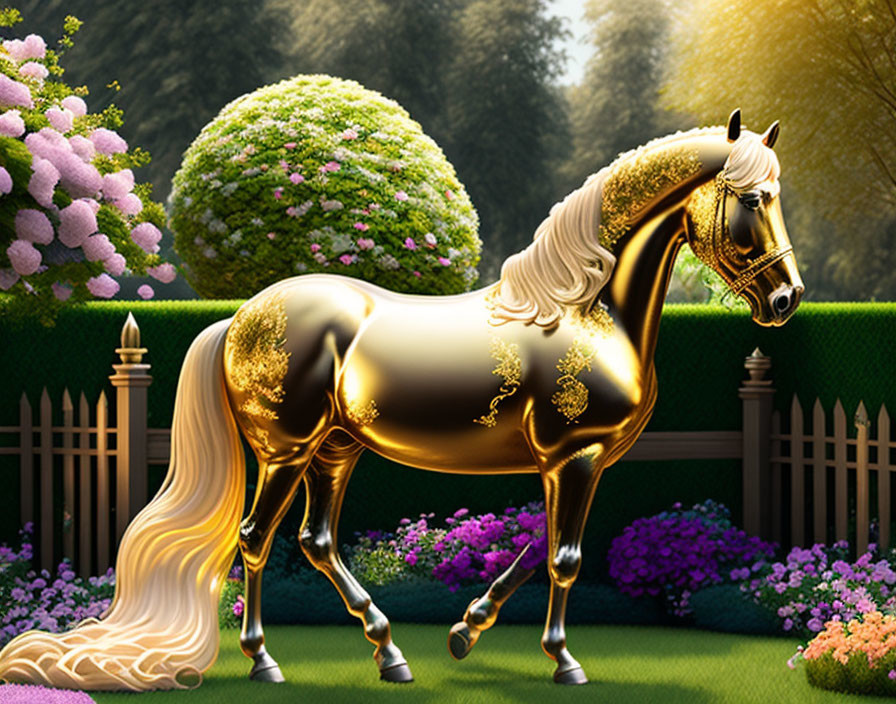 Golden horse in a garden