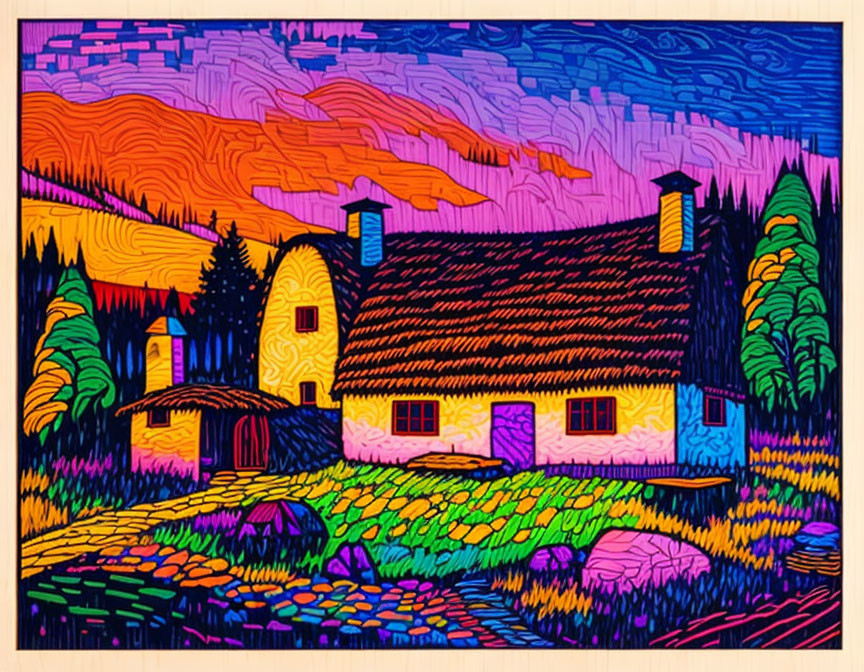 Colorful Stylized Landscape with Cottage and Rolling Hills
