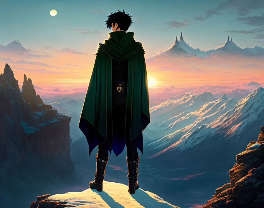 Anime character admires sunset on snowy mountain top