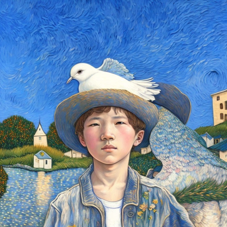 A boy with a dove on his head longing for peace an