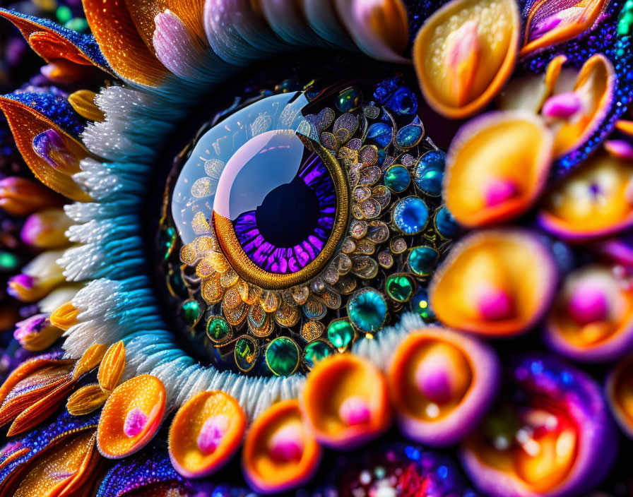Colorful digital artwork: Eye with intricate patterns and peacock feather appearance